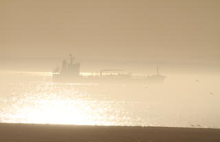 Ships entering the bay through the mist